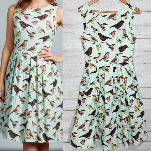 Dresses & Skirts - Luouse Retro Pinup Bird Print Fit And Flare Dress Mint Green Sleeveless Size Med